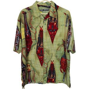 Box Office Islande Mens L Green Red Mask Print Short Sleeves Button Up Shirt